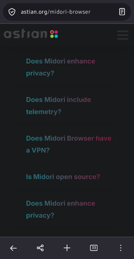 A text-only screenshot of part of the webpage https://astian.org/midori-browser/ showing a FAQ section with a duplicated question, "Does Midori enhance privacy?"