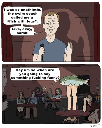 Comedian makes fun of a fish with legs